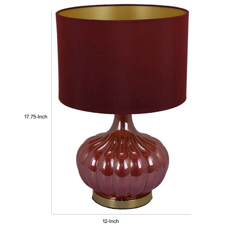 Gia 18 Inch Table Lamp, Drum Shade, Round Body with Vertical Ribs, Red - Benzara