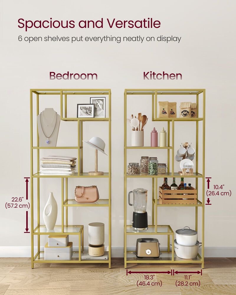 6-Tier Tall Bookshelf with Tempered Glass Shelves