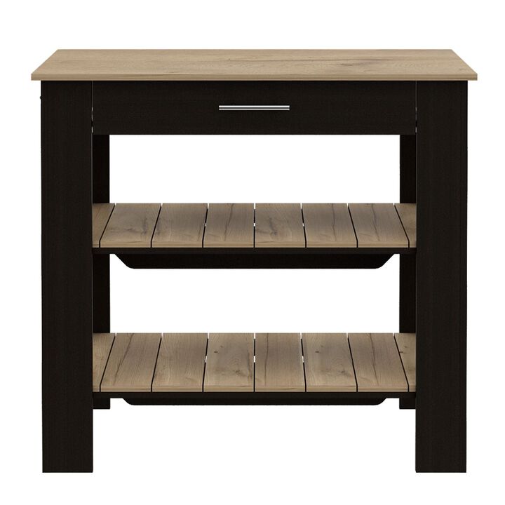 DEPOT E-SHOP Kitchen Island 37" H, Two Open Storage Shelves, One Drawer, Four Legs,Towel Hanger, Black / Light Oak