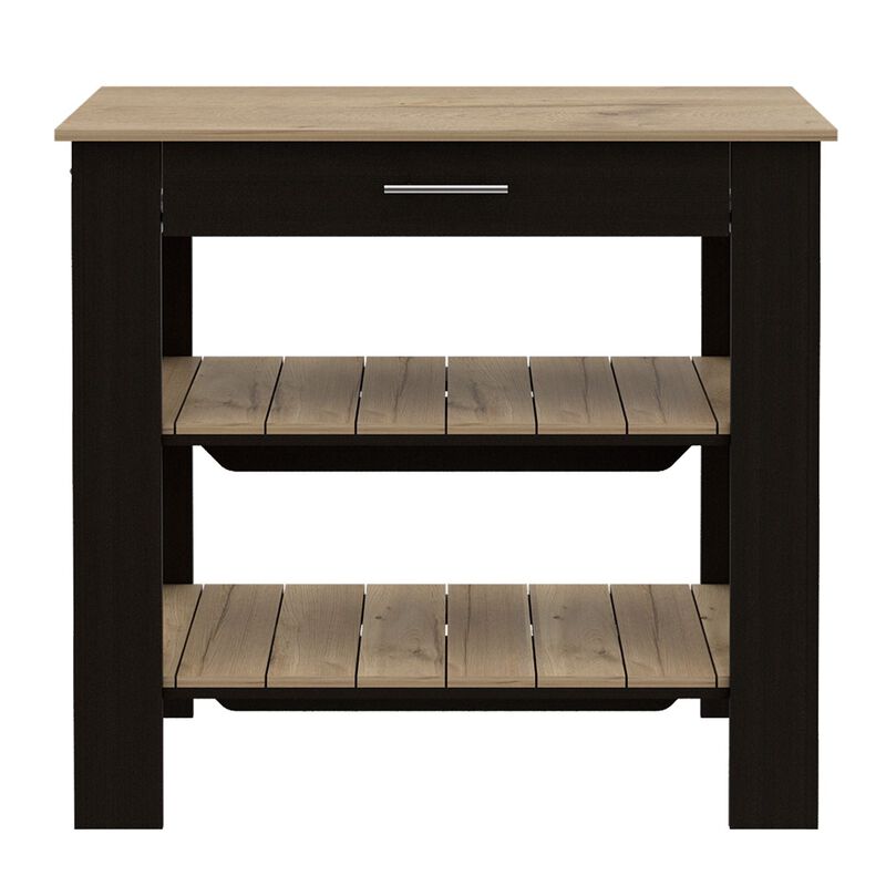DEPOT E-SHOP Kitchen Island 37" H, Two Open Storage Shelves, One Drawer, Four Legs,Towel Hanger, Black / Light Oak