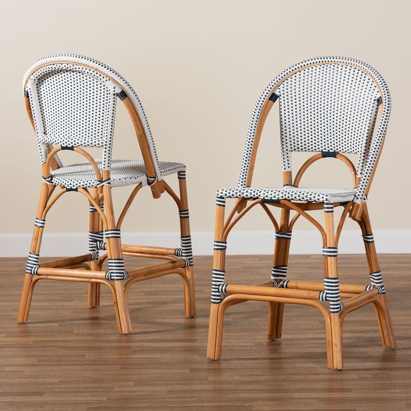 bali & pari Genica Classic French Two Tone Navy and White Weaving and Natural Rattan 2 Piece Counter Stool Set