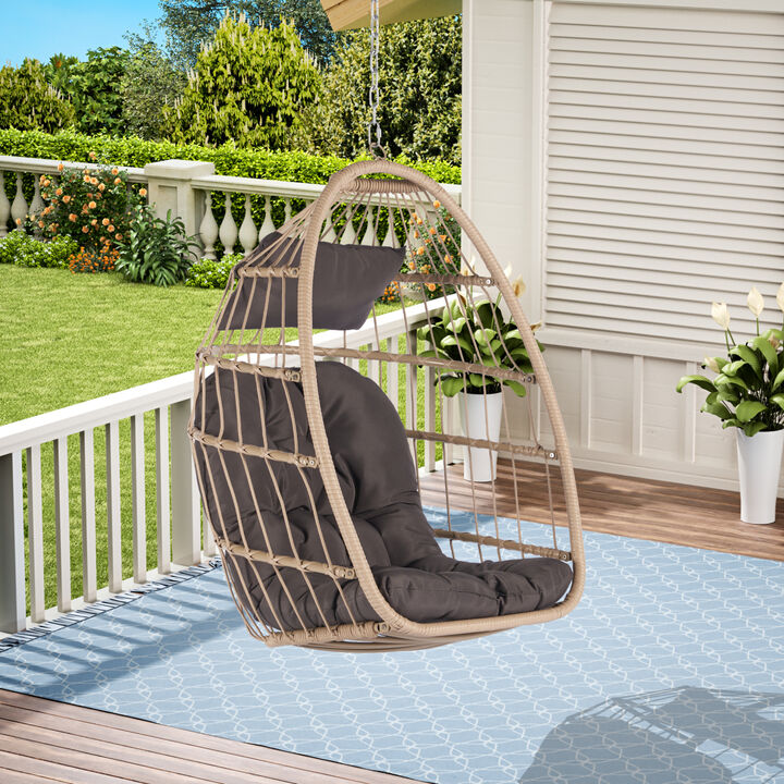 Outdoor Garden Rattan Egg Swing Chair Hanging Chair Wood &Dark Gray