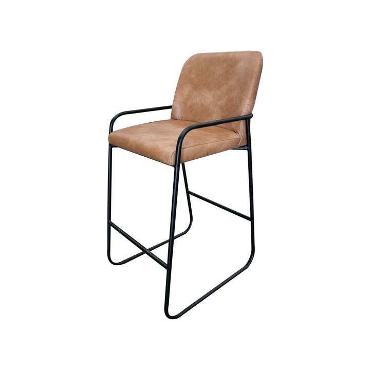 Suze Barstool Chair, Arched Back, Black Iron, Cognac Brown Faux Leather - Benzara