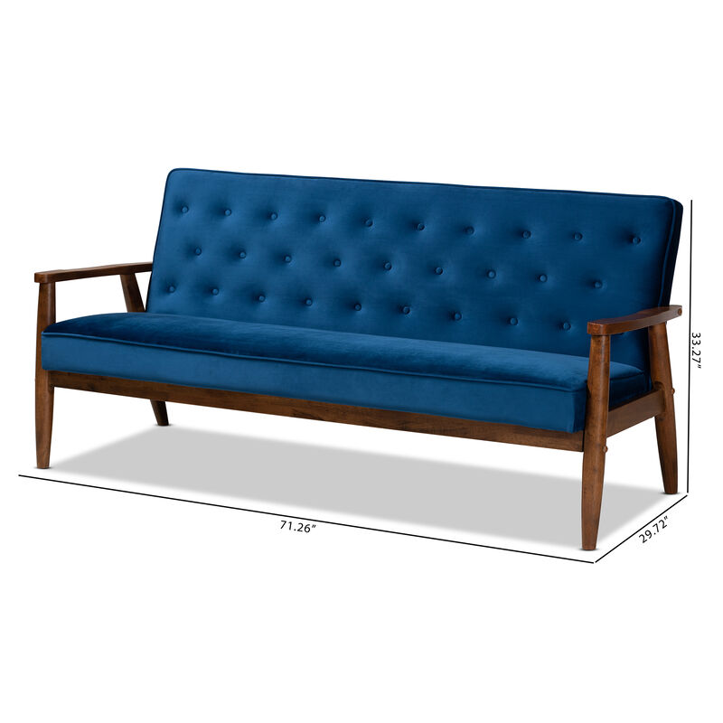 Baxton Studio Sorrento Navy Velvet Fabric Upholstered Walnut Finished Wooden 3 seater Sofa