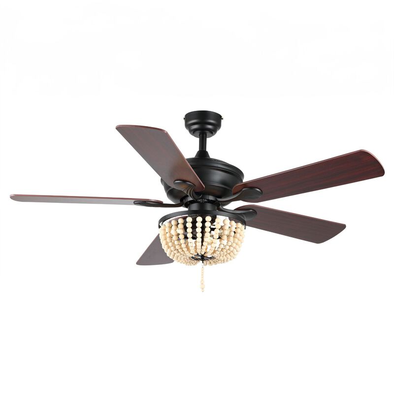 Erin Rustic Farmhouse Iron/Wood Bead Mobile Appremote Controlled LED Ceiling Fan