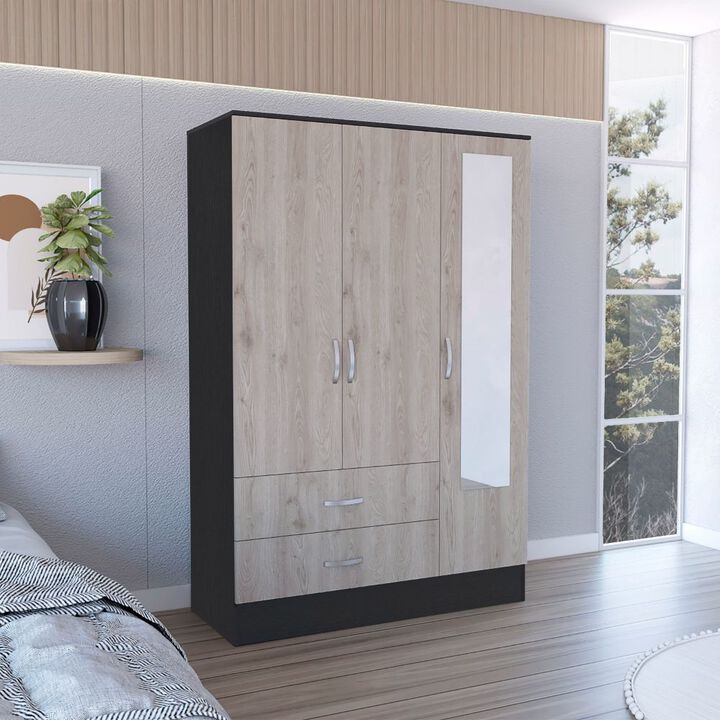 DEPOT E-SHOP Gangi 120 Mirrored Armoire, Double Door Cabinet, Two Drawers, Metal Hardware, Rods, Four Shelves, Black / Light Gray