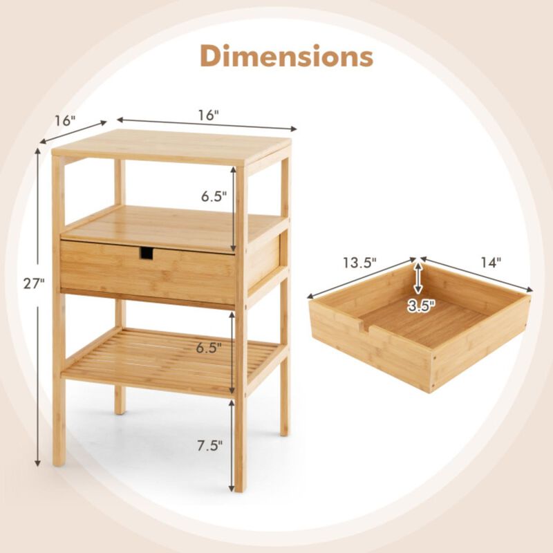 Hivvago Nightstand Set of 2 Bamboo End Table with 2 Open Shelves and Drawer