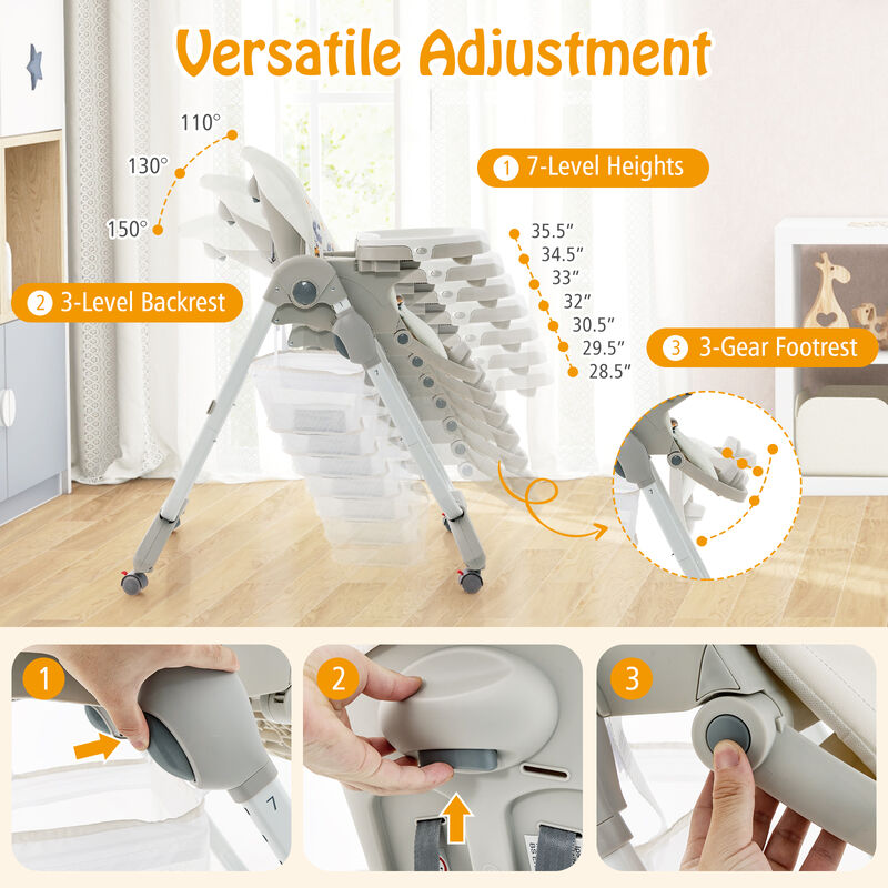 Multifunctional Folding Baby High Chair with Rolling Wheels and Adjustable Height