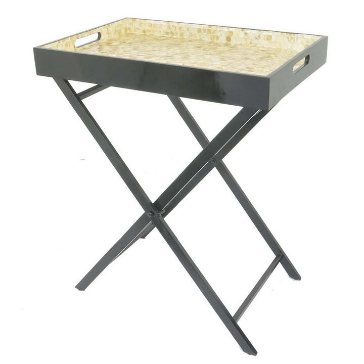 Dain 28 Inch Serving Tray Table, Foldable, Black Metal Stand, Multicolor - Benzara