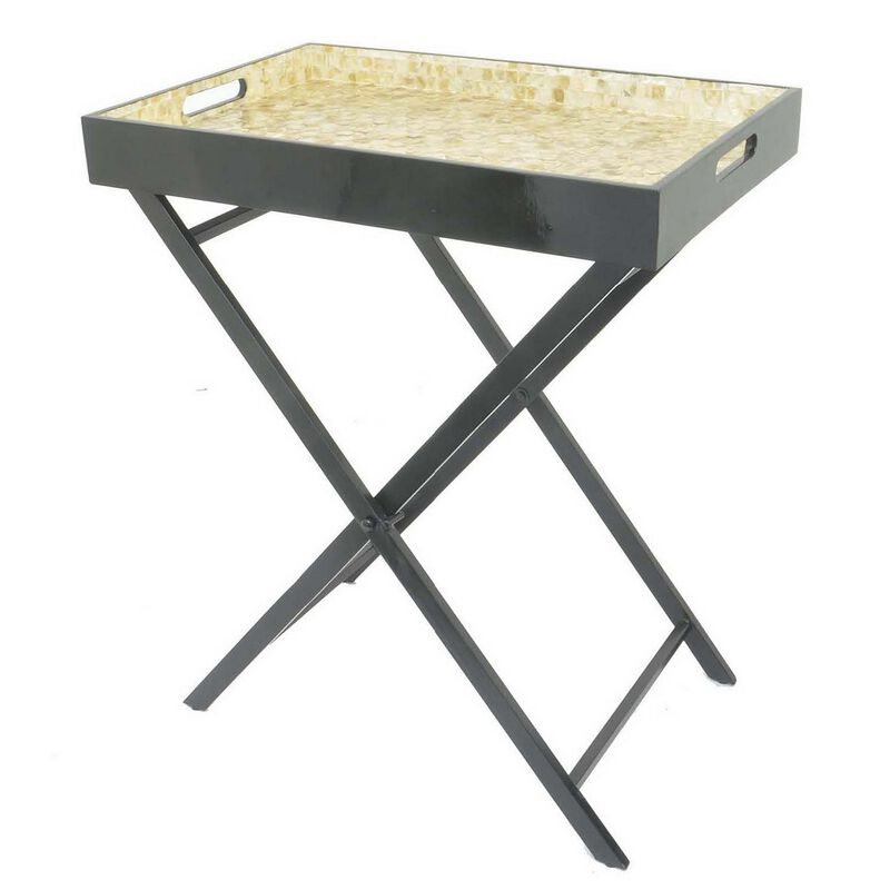 Dain 28 Inch Serving Tray Table, Foldable, Black Metal Stand, Multicolor - Benzara