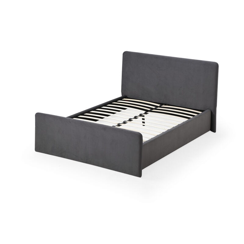 Cave King Size Platform Bed, Soft Velvet Upholstered, Charcoal Gray - Benzara