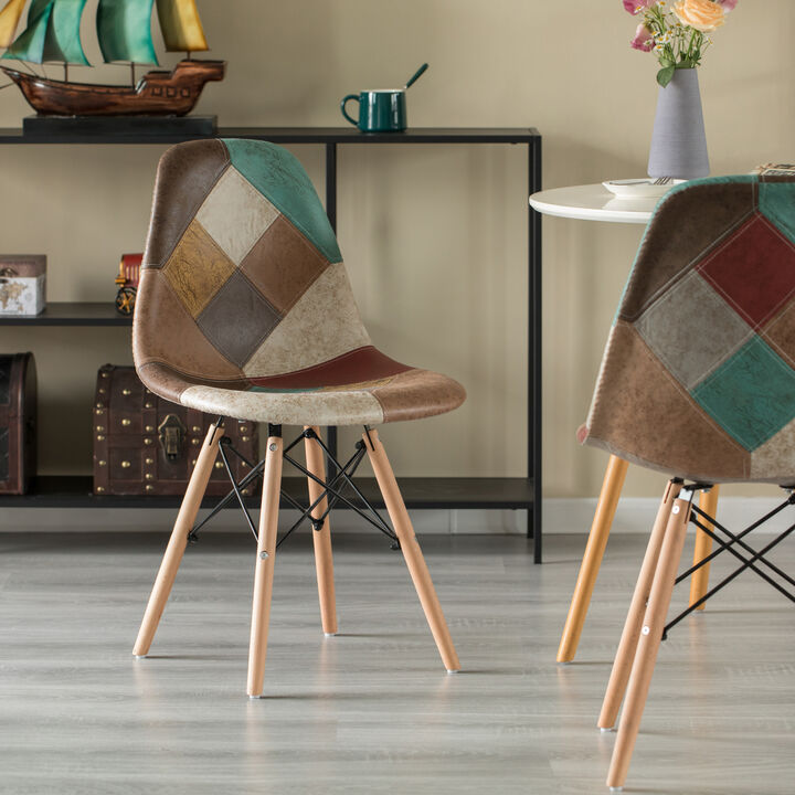 Modern Fabric Patchwork Chair with Leather and Suede Like Tones with Wooden Legs for Kitchen, Dining Room, Entryway, Living Room, Set of 2