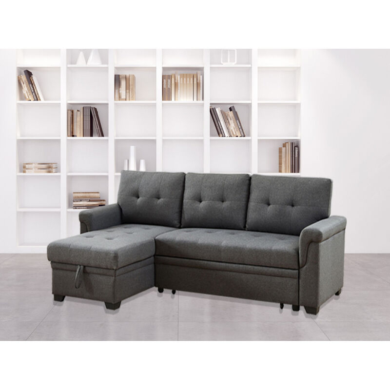 Destiny Dark Gray Linen Reversible Sleeper Sectional Sofa With Storage Chaise