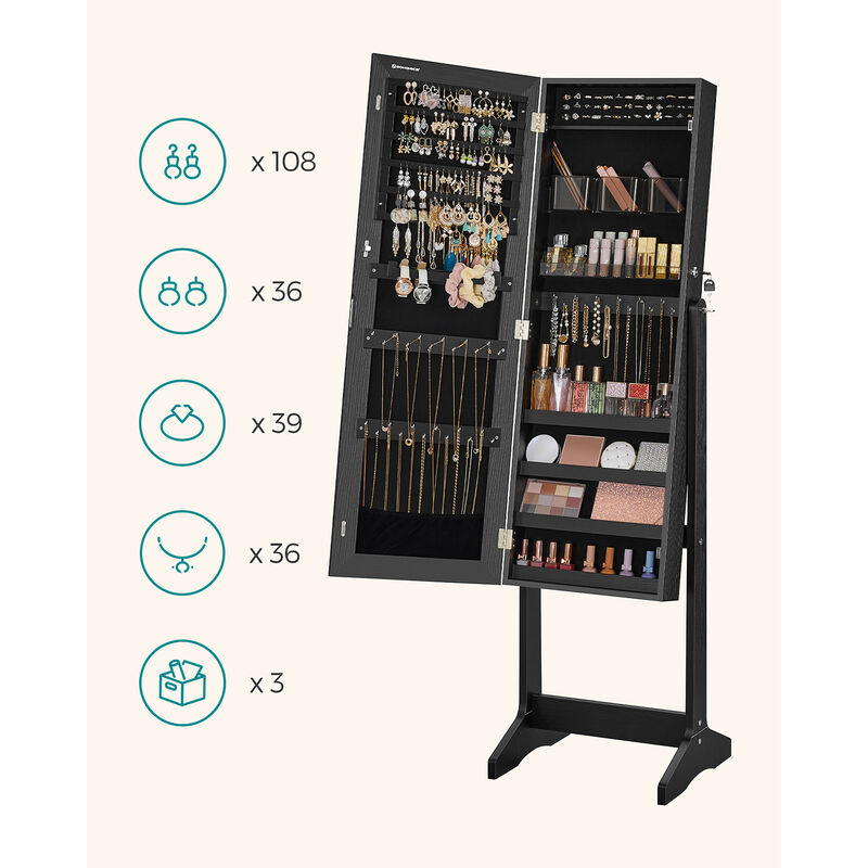 Mirror Jewelry Armoire with Lock, Freestanding Design, and 2 Plastic Cosmetic Storage Compartments