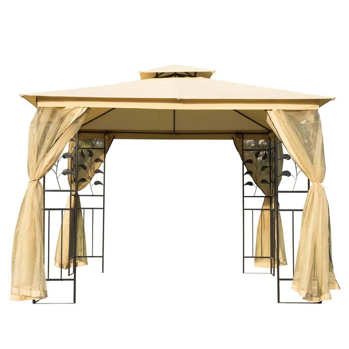 Beige Garden Shelter: 10x10 Steel Frame Gazebo with 2-Tier Roof & Mesh Walls