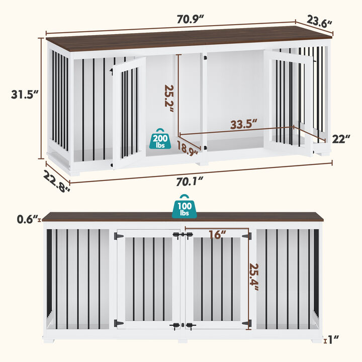 Large Dog House Crate Furniture, 71 in. Wooden Large Dog Kennel with Removable Divider for Large Medium Dogs, White