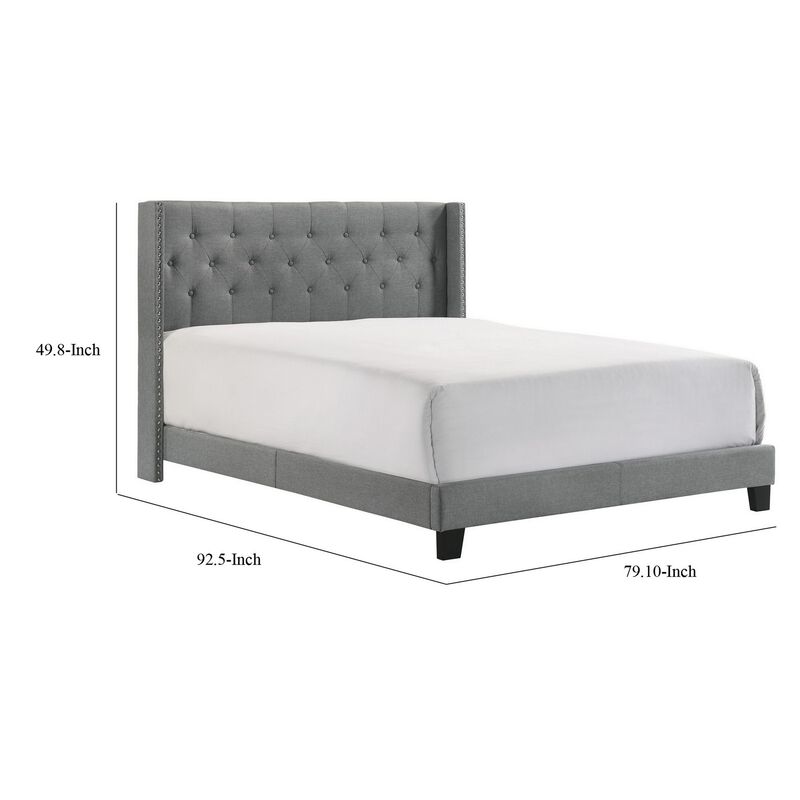 Lih Full Bed, Tufted Headboard, Wood Frame, Fabric, Black Legs, Gray - Benzara