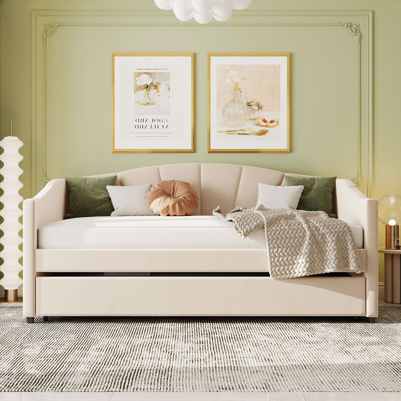 Merax Upholstered Daybed Sofa Bed Twin Size With Trundle Bed and Wood Slat