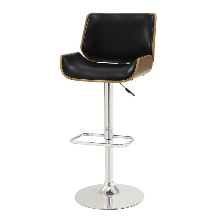Contemporary Small Back Adjustable Bar Height Stool, Black & Walnut-Benzara