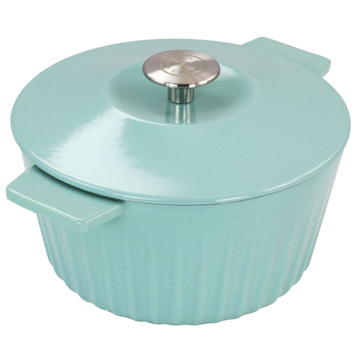 Martha Stewart Enameled Cast Iron 3 Quart  Embossed Stripe Dutch Oven with Lid in Turquoise