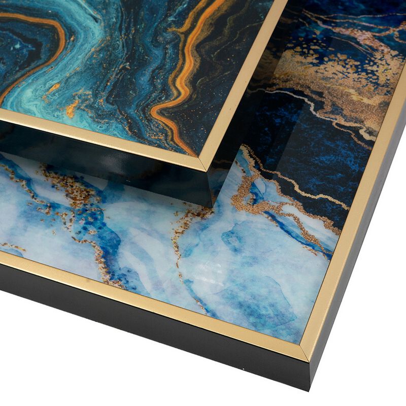 Set of 2 Rectangular Decorative Trays, Tall Rims, Faux Marble, Blue, Gold - Benzara
