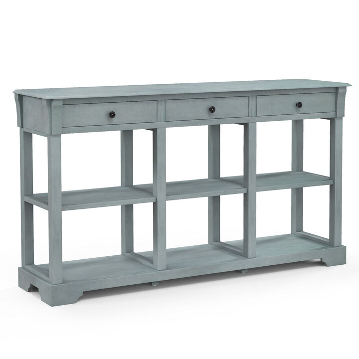 58" Retro Console Table with 3 Drawers and Open Shelves Rectangular Entryway Table-Blue