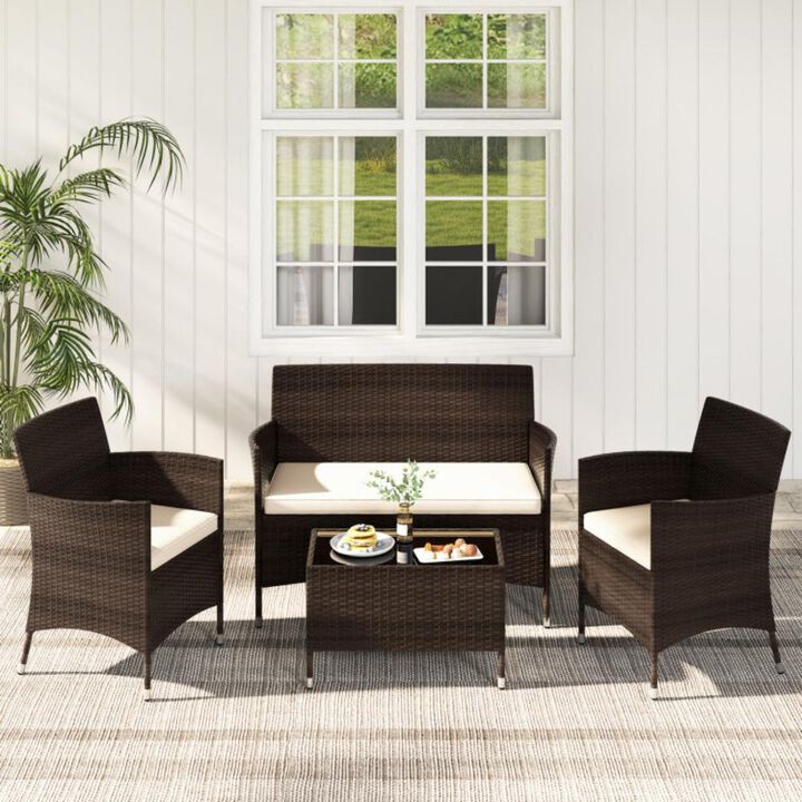 Hivvago 4 Pieces Comfortable Mix Brown Outdoor Rattan Sofa Set with Glass Coffee Table