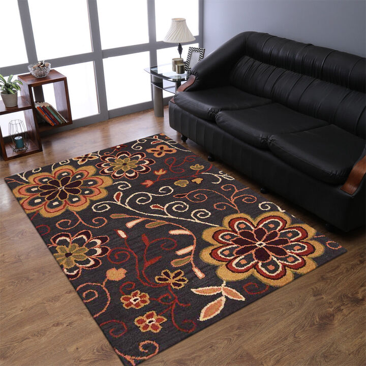RUGSOTIC CARPETS HAND TUFTED WOOL ECO-FRIENDLY AREA RUGS  - 5'x8', Rectangle Shape, Charcoal, Floral Modern Design, High Pile Thick Handmade Anti Skid Area Rugs for Living Room, Bed Room (K00656)