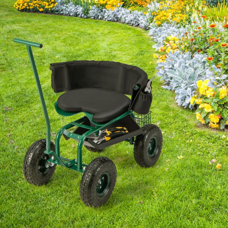 Hivvago Rolling Garden Cart with Height Adjustable Swivel Seat and Storage Basket-Green