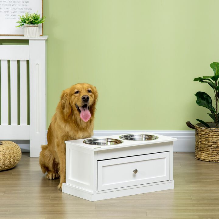 White Dog Feeder: Elevated Bowls with Storage Drawer for Large Dogs