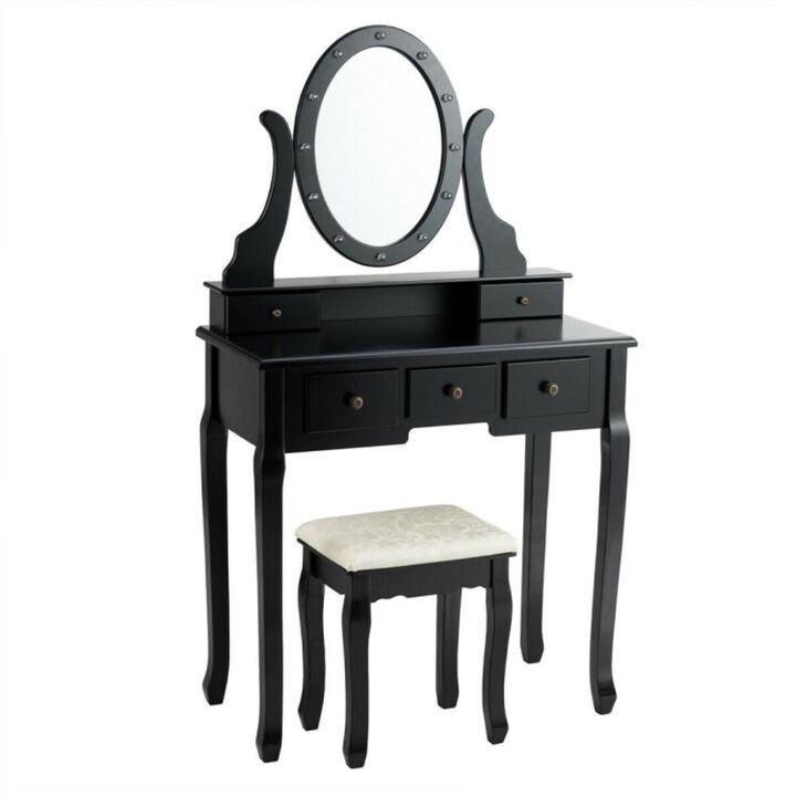 Hivvago 5 Drawers Vanity Table Stool Set with 12-LED Bulbs-Black