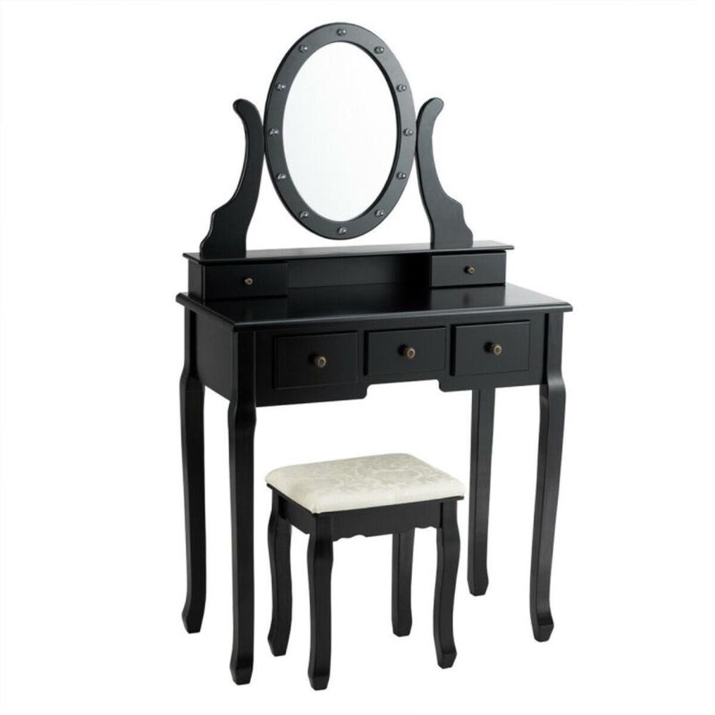 Hivvago 5 Drawers Vanity Table Stool Set with 12-LED Bulbs-Black