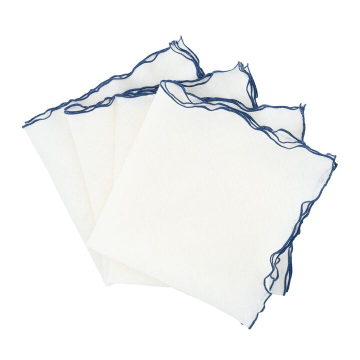 Linen Napkins With Navy Ruffled Edges, Set of 4