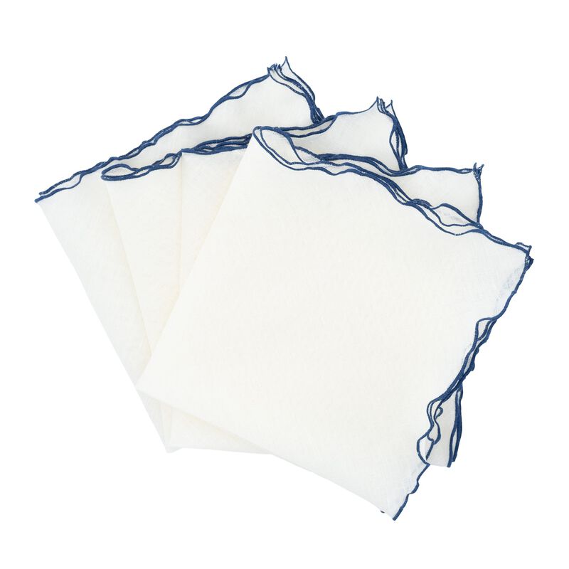 Linen Napkins With Navy Ruffled Edges, Set of 4