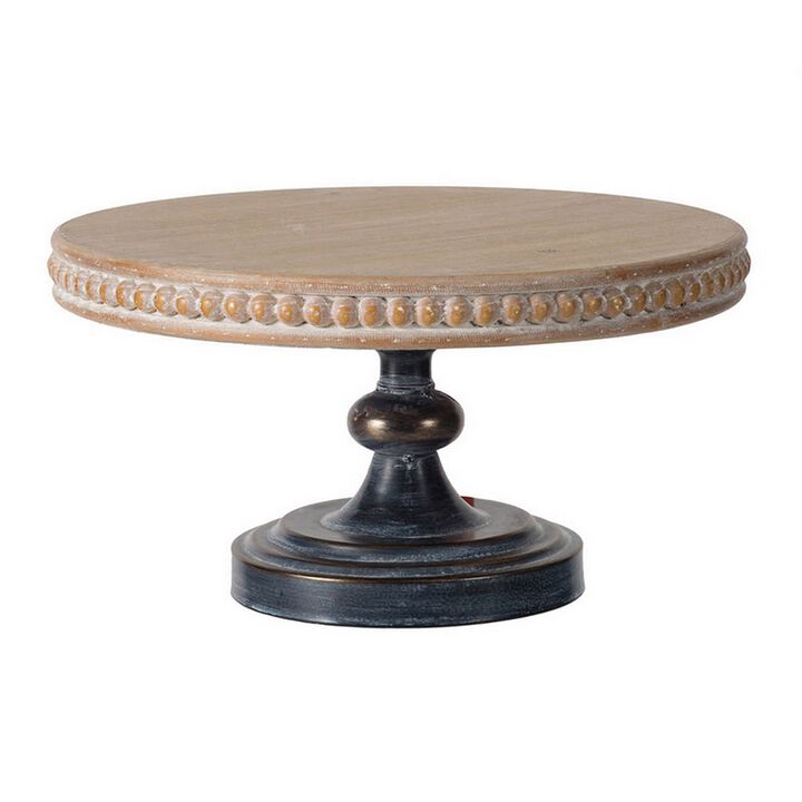 Marrie 14 Inch Round Decorative Tray, Black Iron Padestal Base, Wood Top - Benzara