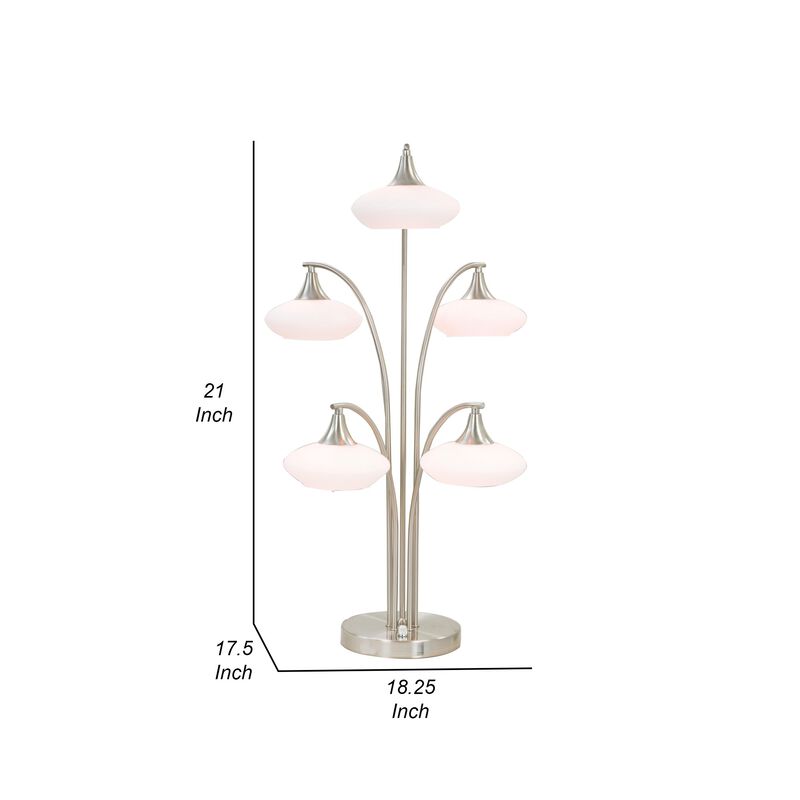 31 Inch Table Lamp, 5 Dome Shape Shades, Glass, Sand Chrome Finished Metal-Benzara