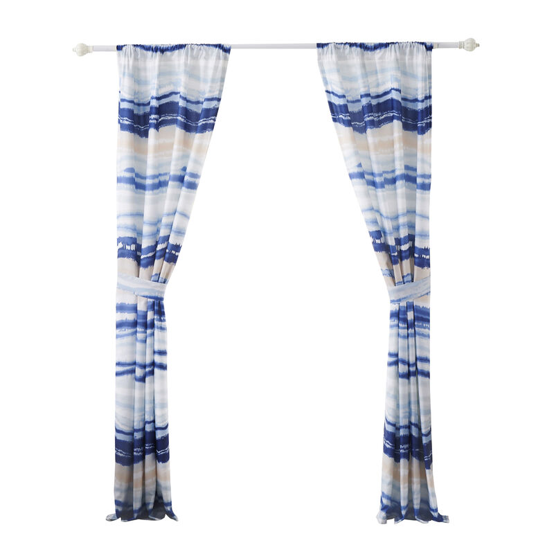 Oda 84 Inch Window Curtains, Microfiber Polyester, Blue Ocean Wave Print - Benzara
