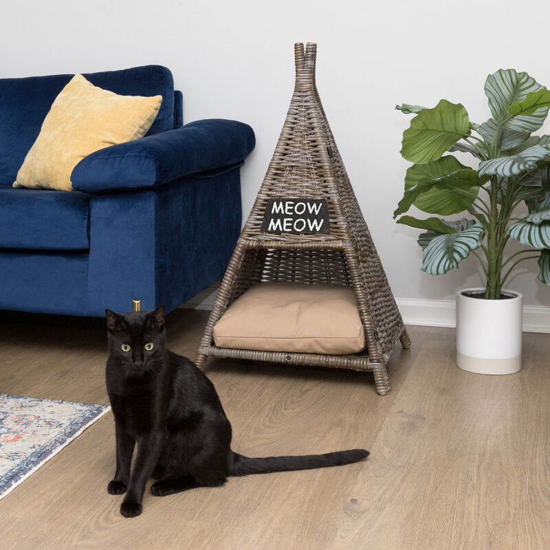 Tiki Tent Coastal Handwoven Rattan Cat Bed with Machine-Washable Cushion