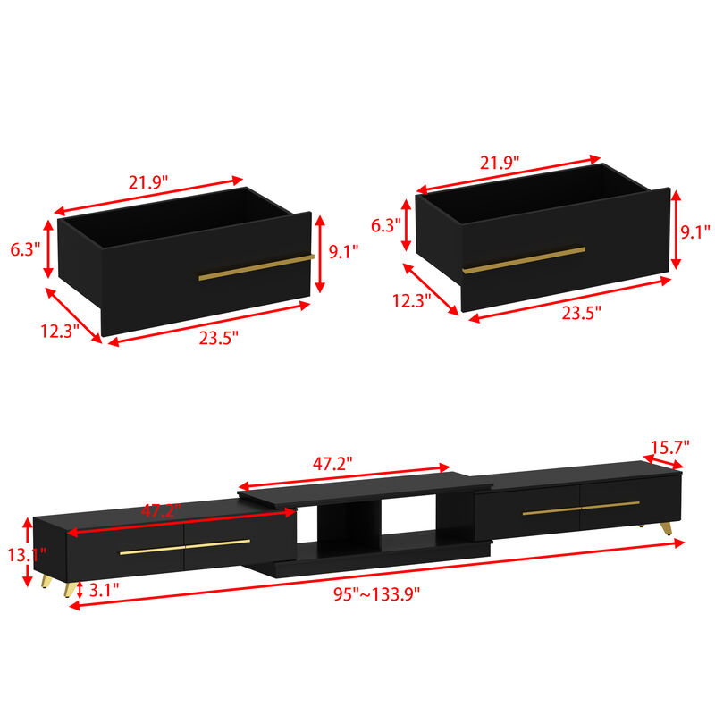 Modern Wood Black TV Media Console Entertainment Center with Adjustable Length and-Drawers Fits TV's up to 100 in.
