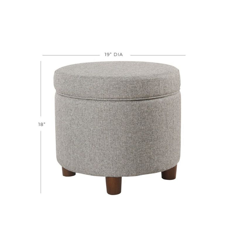 Fabric Upholstered Round Wooden Ottoman with Lift Off Lid Storage, Light Gray - Benzara