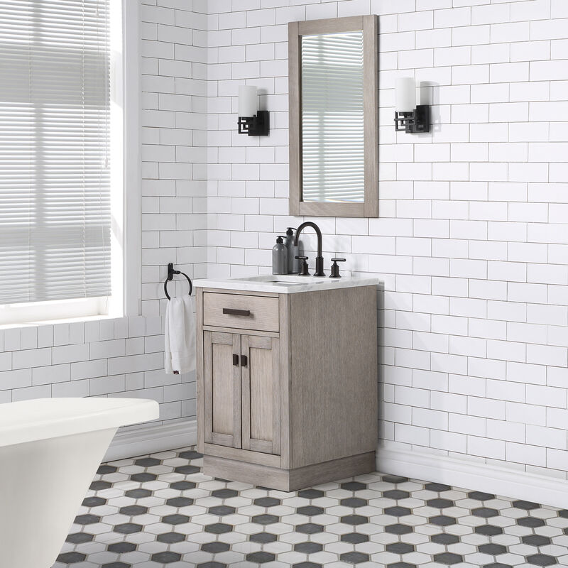 Chestnut 24 In. Single Sink Carrara White Marble Countertop Bath Vanity In Grey Oak with Oil Rubbed Bronze Hardware
