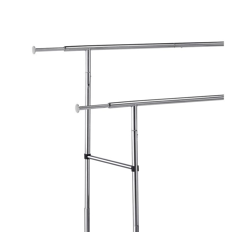 Dual Bar Tubular Metal Frame Garment Rack with Casters, Chrome - Benzara
