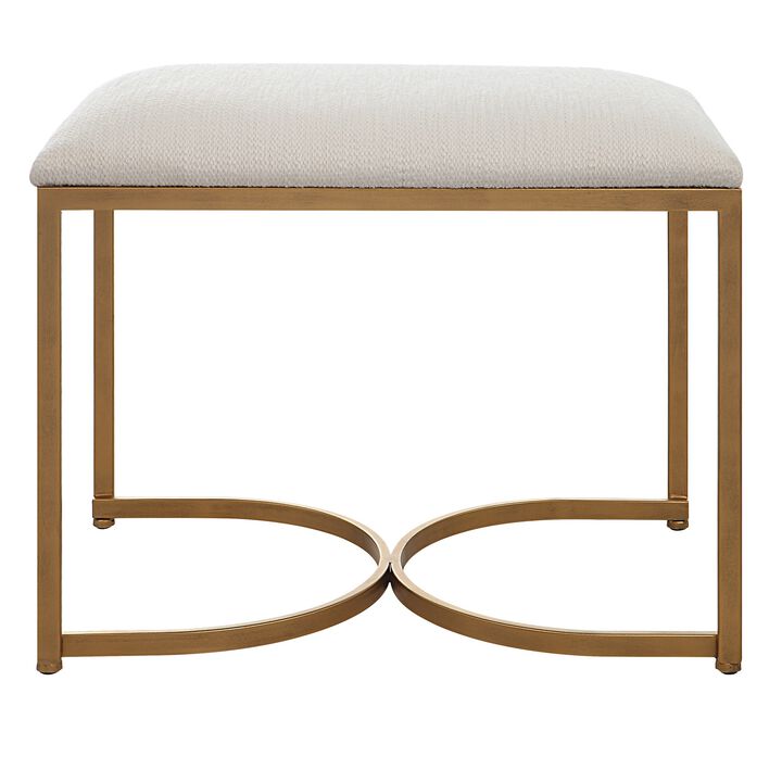 24 Inch Accent Stool, Cushioned Seat, Half Circle Design, Off White, Gold - Benzara