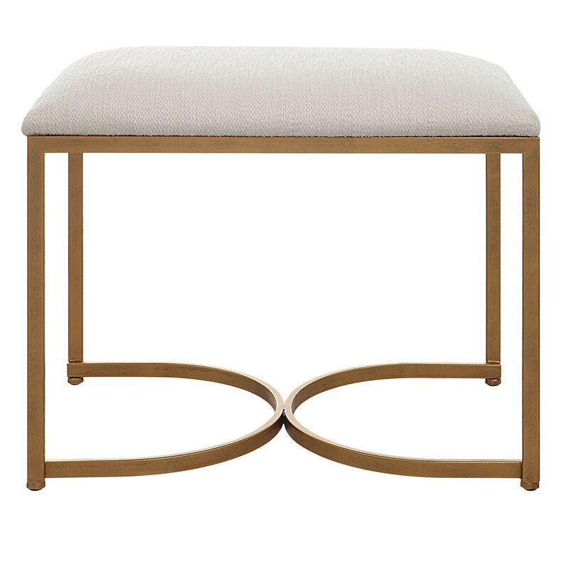 24 Inch Accent Stool, Cushioned Seat, Half Circle Design, Off White, Gold - Benzara