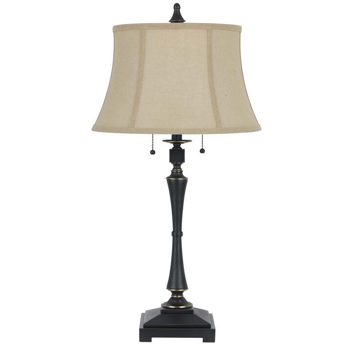 Metal Body Table Lamp with Fabric Tapered Bell Shade, Beige and Black-Benzara