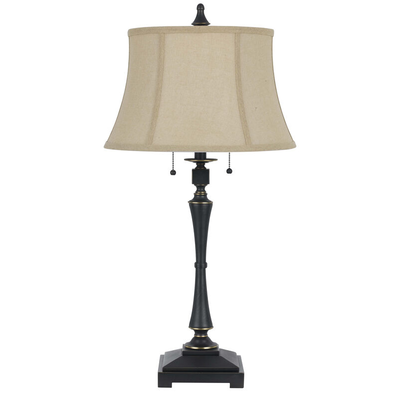 Metal Body Table Lamp with Fabric Tapered Bell Shade, Beige and Black-Benzara