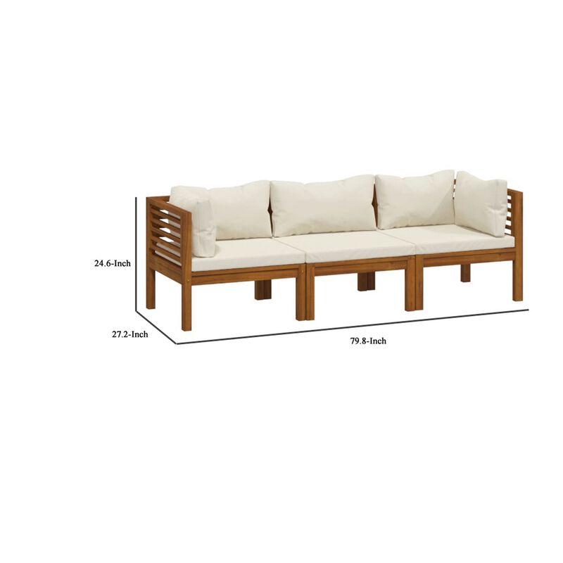 Lina 3pc Outdoor Modular Sofa Set, Brown Acacia Wood, Cream Polyester - Benzara