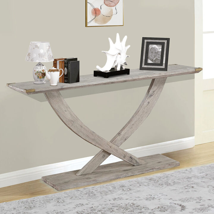 Kit 57 Inch Acacia Wood Console Table, Cross Legs, Gray-Benzara