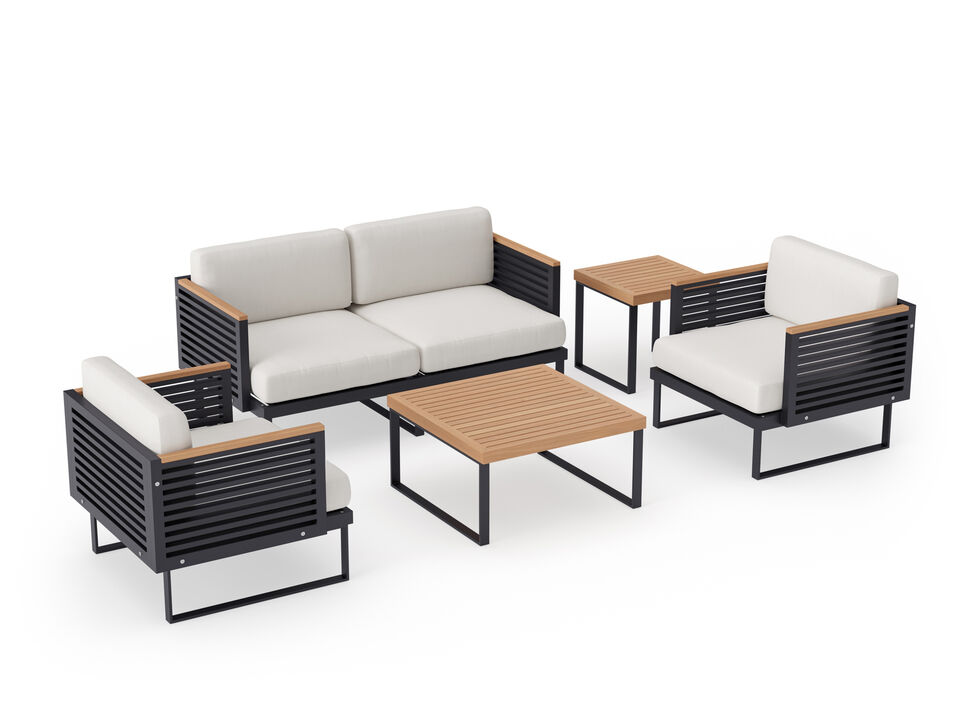 Monterey 4 Seater Chat Set with Coffee Table and Side Table - Aluminum and Teak