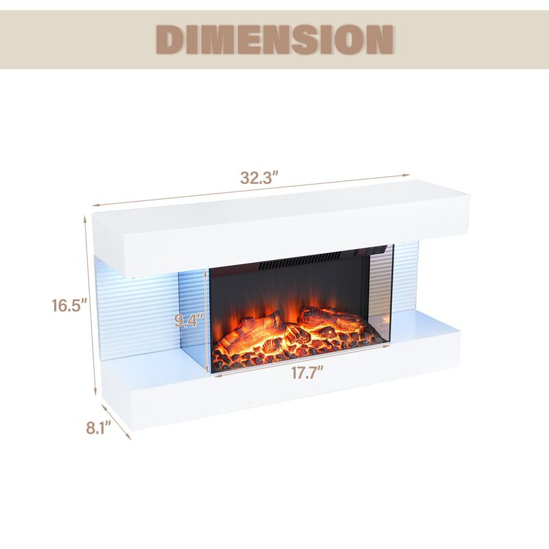 32 in. Wall Mounted Hanging Electric Fireplace with Remote Control in White